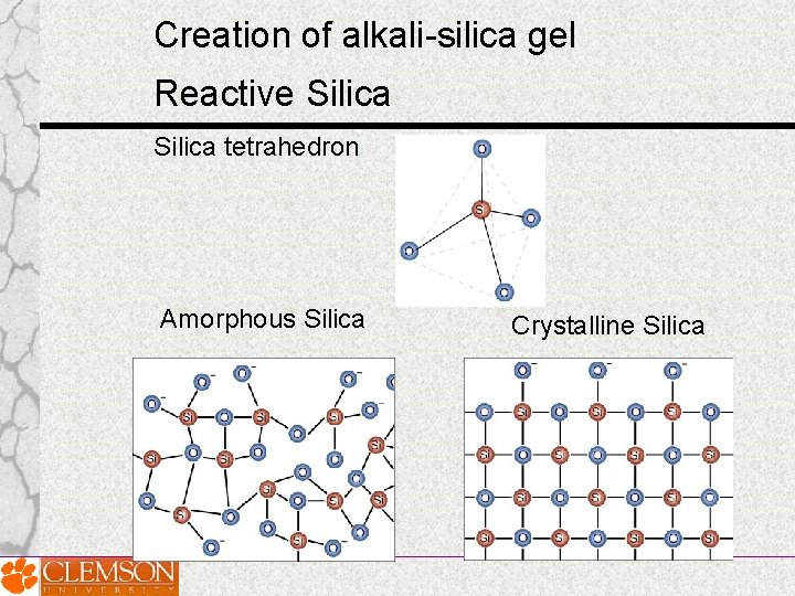 Creation of alkali-silica gel Reactive Silica tetrahedron: Amorphous Silica Crystalline Silica Creation of alkali-silica gel Reactive Silica tetrahedron: Amorphous Silica Crystalline Silica