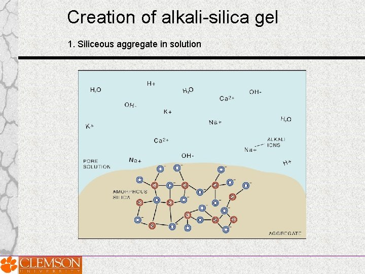 Creation of alkali-silica gel 1. Siliceous aggregate in solution Creation of alkali-silica gel 1. Siliceous aggregate in solution