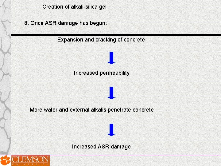 Creation of alkali-silica gel 8. Once ASR damage has begun: Expansion and cracking of Creation of alkali-silica gel 8. Once ASR damage has begun: Expansion and cracking of