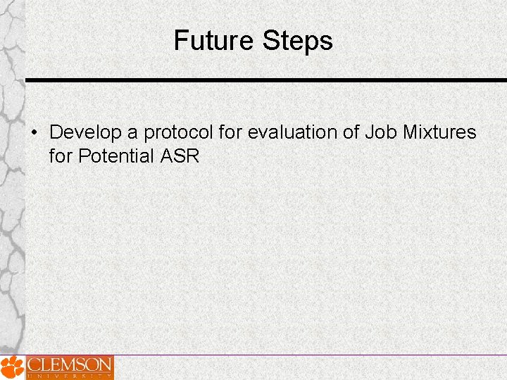Future Steps • Develop a protocol for evaluation of Job Mixtures for Potential ASR Future Steps • Develop a protocol for evaluation of Job Mixtures for Potential ASR