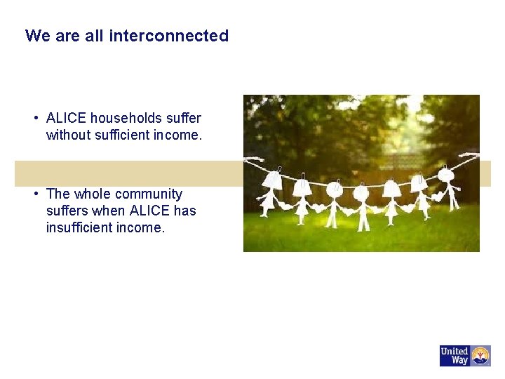 We are all interconnected • ALICE households suffer without sufficient income. • The whole