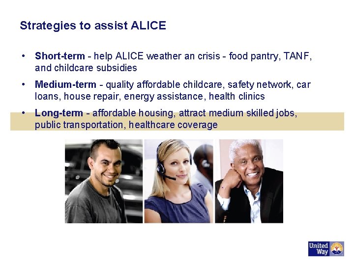 Strategies to assist ALICE • Short-term - help ALICE weather an crisis - food