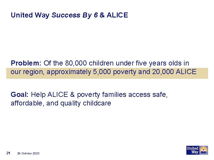 United Way Success By 6 & ALICE Problem: Of the 80, 000 children under