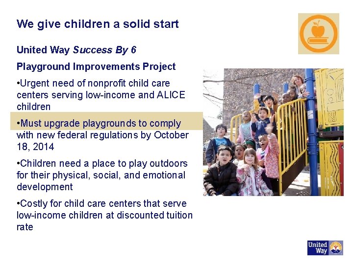 We give children a solid start United Way Success By 6 Playground Improvements Project