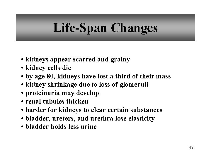 Life-Span Changes • kidneys appear scarred and grainy • kidney cells die • by