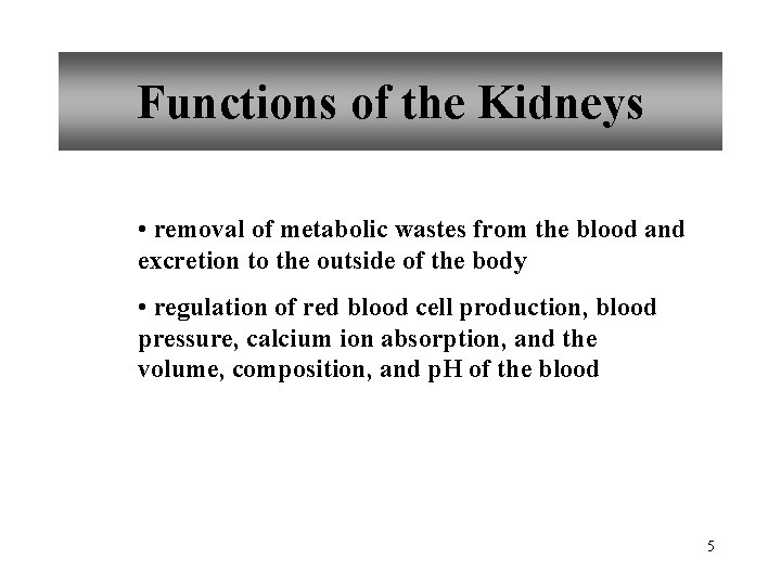 Functions of the Kidneys • removal of metabolic wastes from the blood and excretion