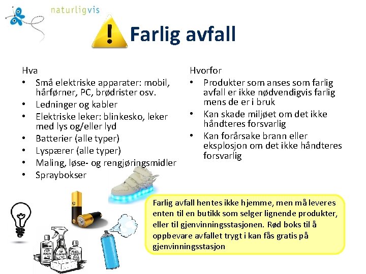 Farlig avfall Hva • Små elektriske apparater: mobil, hårførner, PC, brødrister osv. • Ledninger