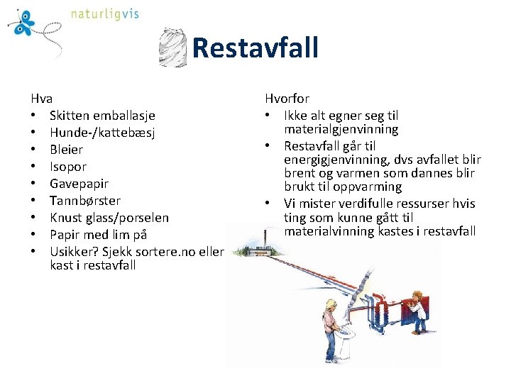 Restavfall Hva • Skitten emballasje • Hunde-/kattebæsj • Bleier • Isopor • Gavepapir •