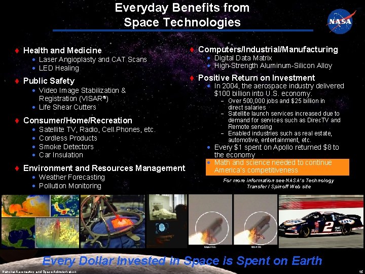 Everyday Benefits from Space Technologies Health and Medicine Computers/Industrial/Manufacturing Public Safety Positive Return on