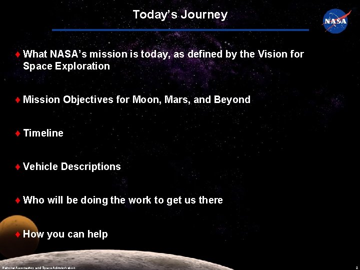 Today’s Journey What NASA’s mission is today, as defined by the Vision for Space