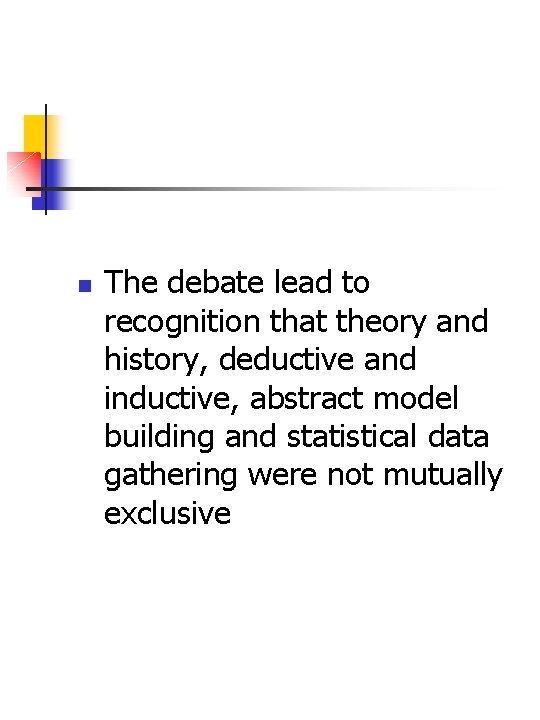 n The debate lead to recognition that theory and history, deductive and inductive, abstract