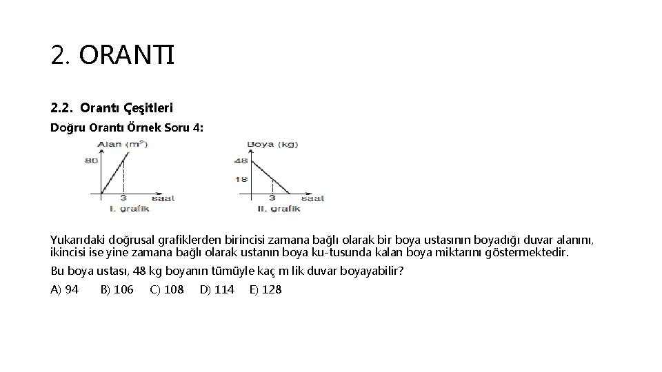 2. ORANTI 2. 2. Orantı Çeşitleri Doğru Orantı Örnek Soru 4: Yukarıdaki doğrusal grafiklerden