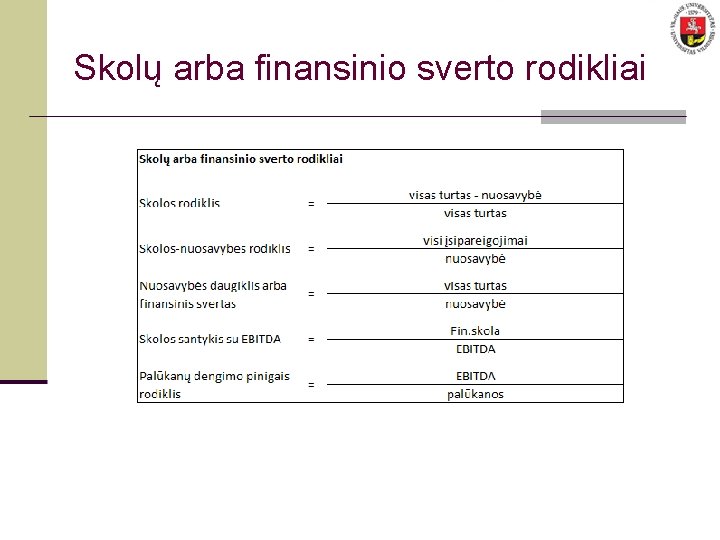 Skolų arba finansinio sverto rodikliai 