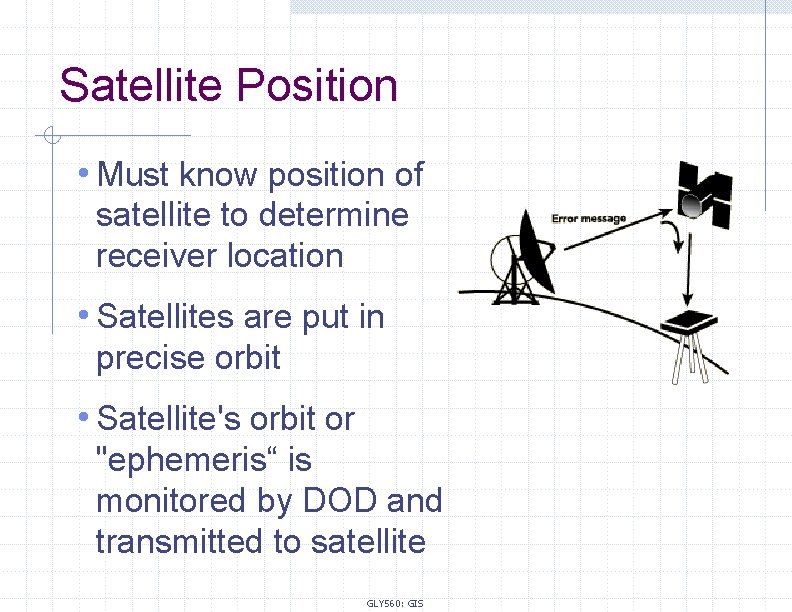 Satellite Position • Must know position of satellite to determine receiver location • Satellites