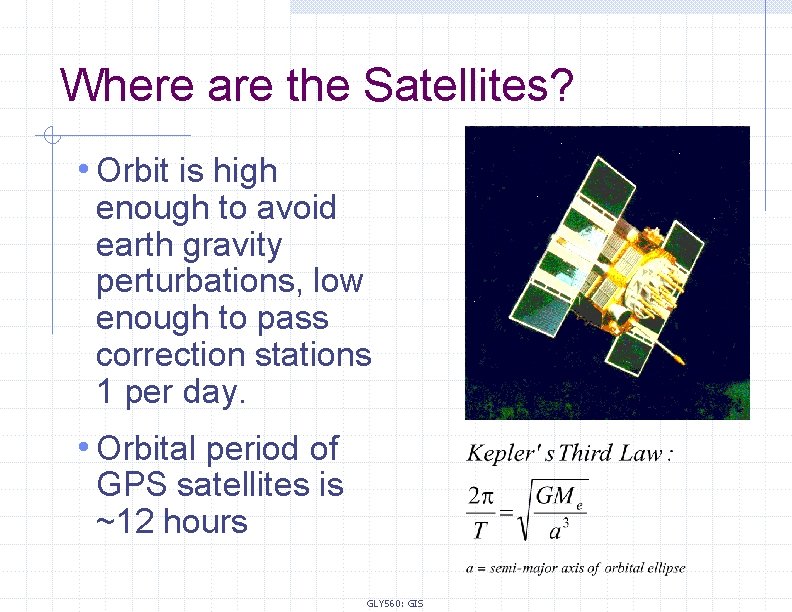 Where are the Satellites? • Orbit is high enough to avoid earth gravity perturbations,