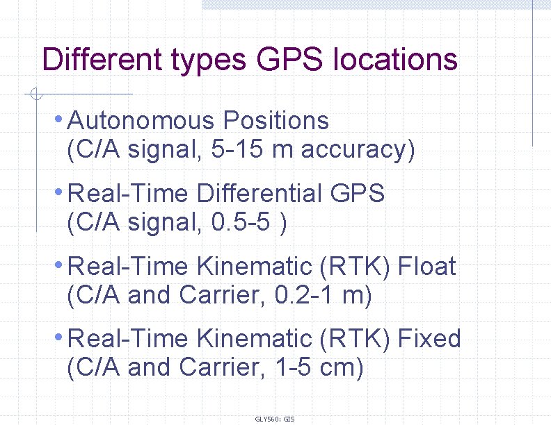 Different types GPS locations • Autonomous Positions (C/A signal, 5 -15 m accuracy) •