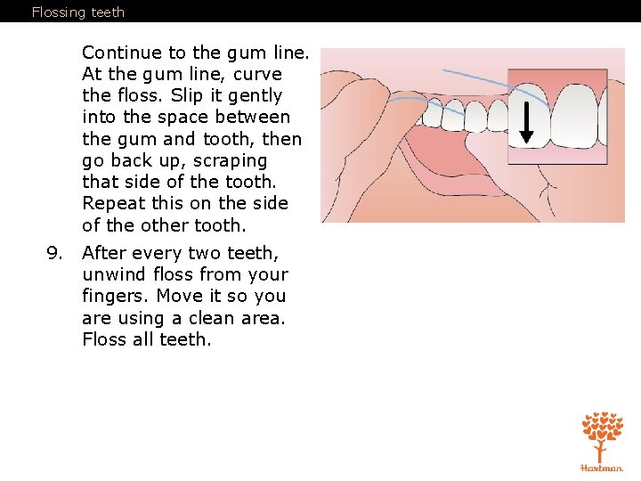 Flossing teeth Continue to the gum line. At the gum line, curve the floss.