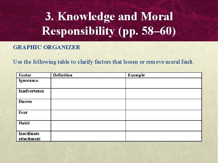 3. Knowledge and Moral Responsibility (pp. 58– 60) GRAPHIC ORGANIZER Use the following table