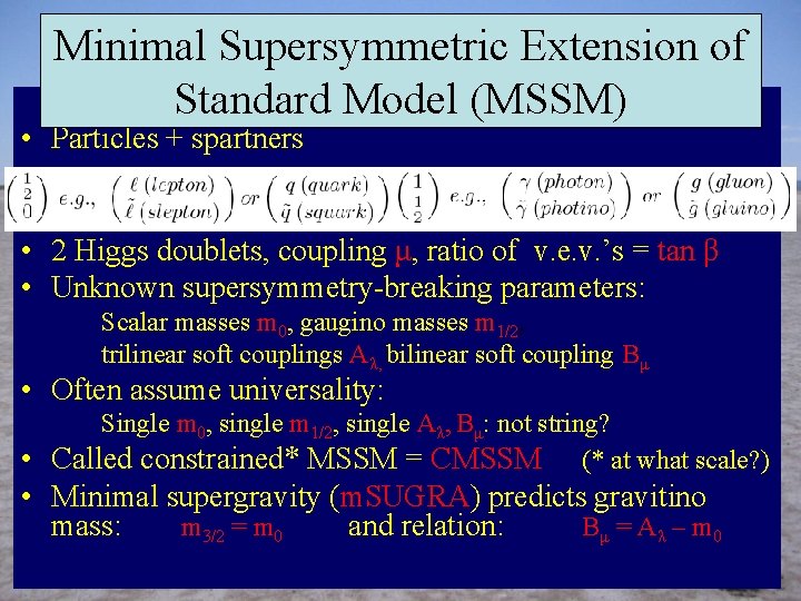Minimal Supersymmetric Extension of Standard Model (MSSM) • Particles + spartners • 2 Higgs