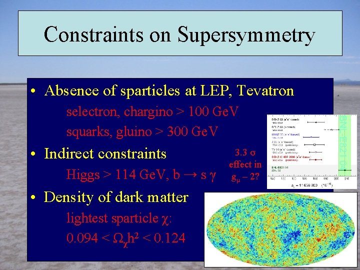 Constraints on Supersymmetry • Absence of sparticles at LEP, Tevatron selectron, chargino > 100
