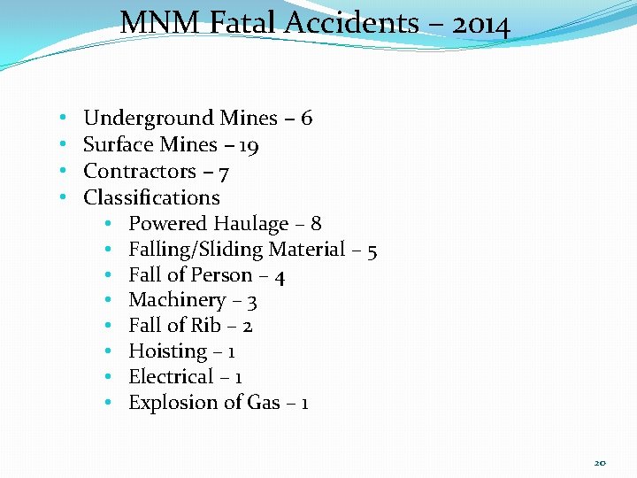 MNM Fatal Accidents – 2014 • Underground Mines – 6 • Surface Mines –