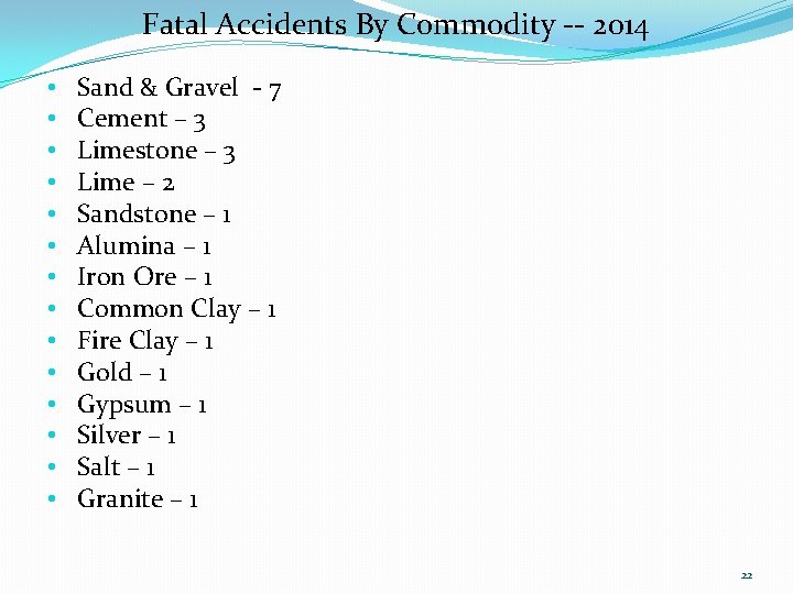  • • • • Fatal Accidents By Commodity ‐‐ 2014 Sand & Gravel