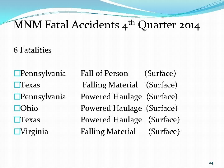 MNM Fatal Accidents 4 th Quarter 2014 6 Fatalities �Pennsylvania Fall of Person (Surface)