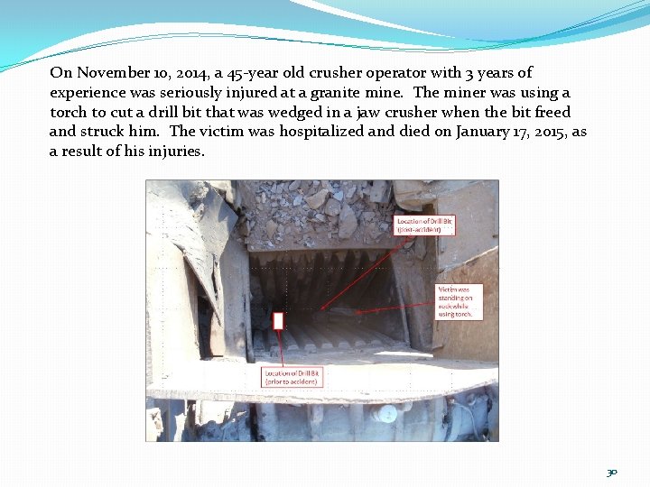 On November 10, 2014, a 45‐year old crusher operator with 3 years of experience