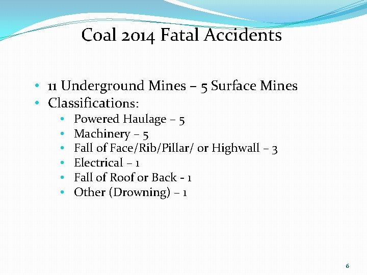 Coal 2014 Fatal Accidents • 11 Underground Mines – 5 Surface Mines • Classifications: