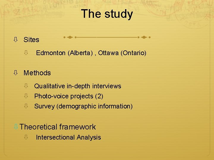 The study Sites Edmonton (Alberta) , Ottawa (Ontario) Methods Qualitative in-depth interviews Photo-voice projects