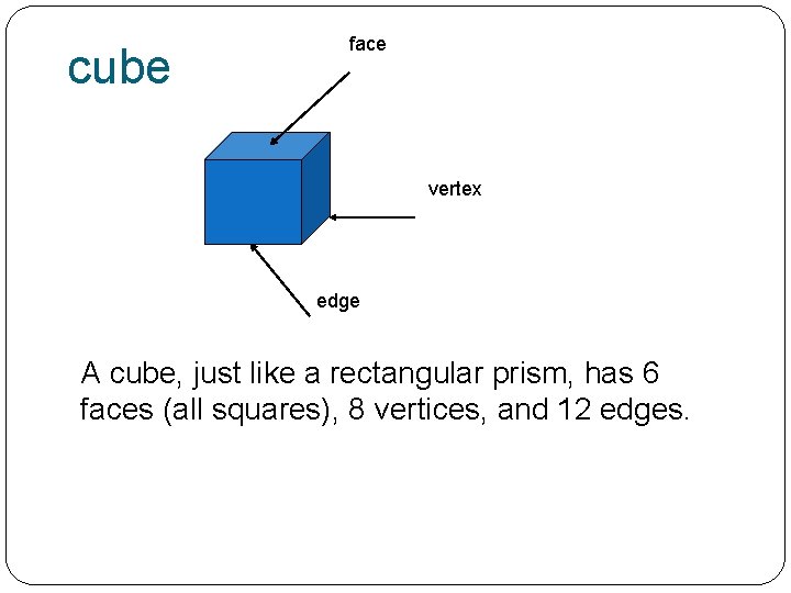 cube face vertex edge A cube, just like a rectangular prism, has 6 faces