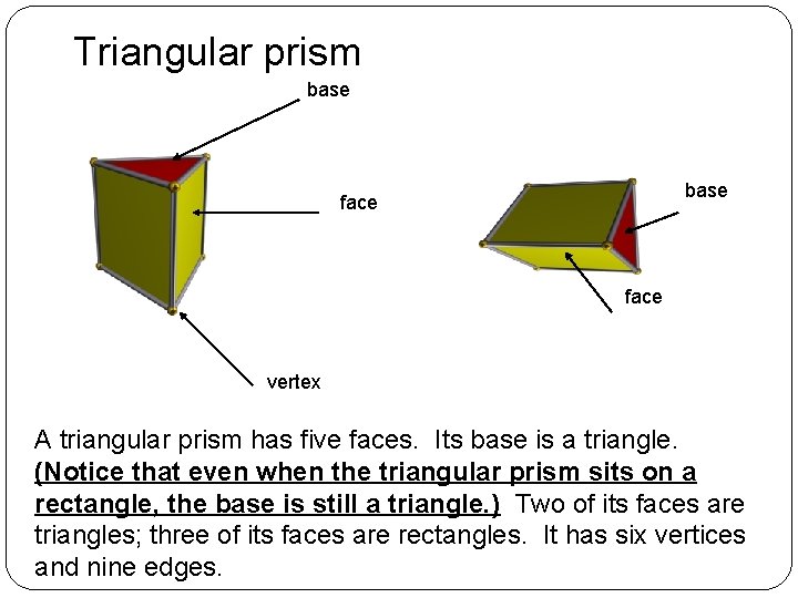 Triangular prism base face vertex A triangular prism has five faces. Its base is