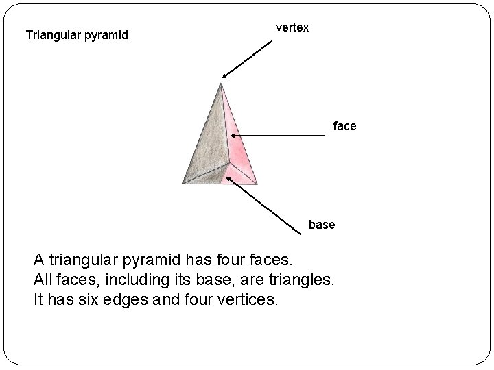 Triangular pyramid vertex face base A triangular pyramid has four faces. All faces, including