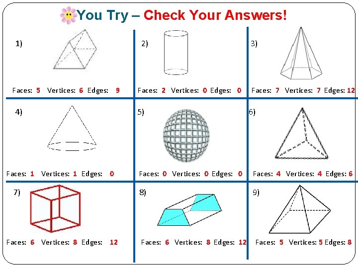 You Try – Check Your Answers! 1) Faces: 5 Vertices: 6 Edges: 9 4)