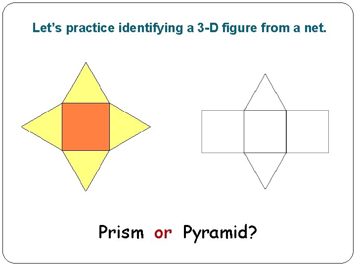 Let’s practice identifying a 3 -D figure from a net. Prism or Pyramid? 