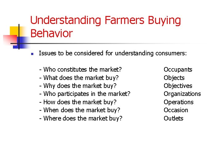 Understanding Farmers Buying Behavior n Issues to be considered for understanding consumers: - Who