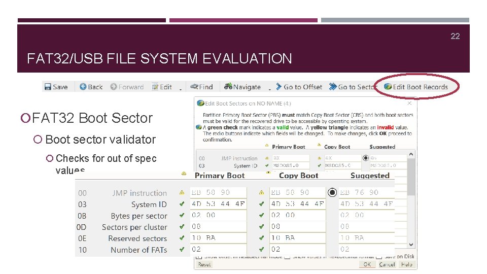 22 FAT 32/USB FILE SYSTEM EVALUATION FAT 32 Boot Sector Boot sector validator Checks