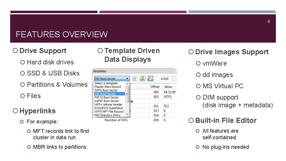4 FEATURES OVERVIEW Drive Support Hard disk drives Template Driven Data Displays Drive Images