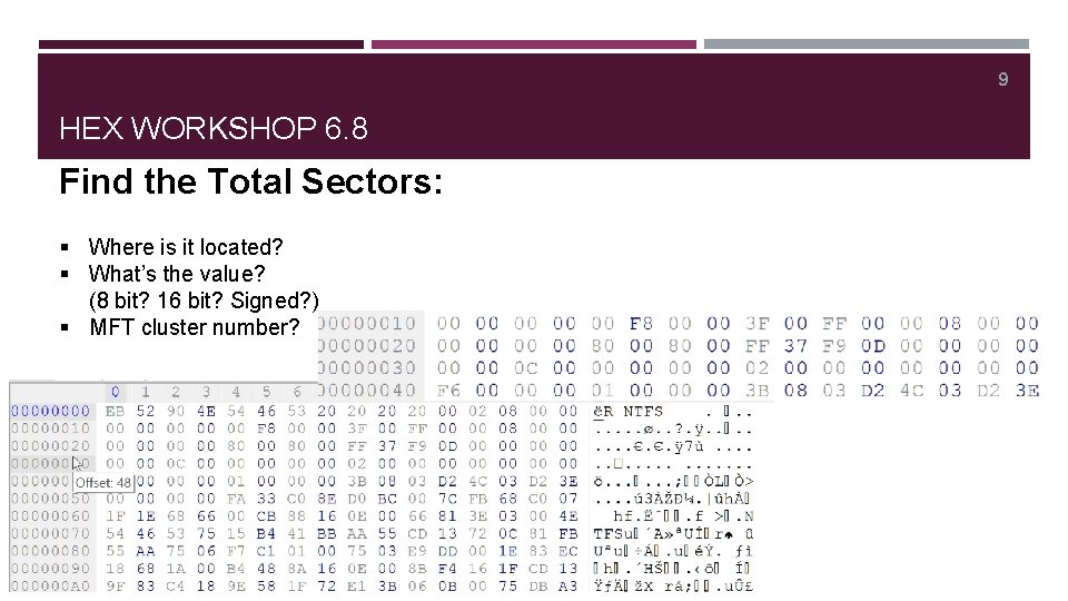 9 HEX WORKSHOP 6. 8 Find the Total Sectors: § Where is it located?