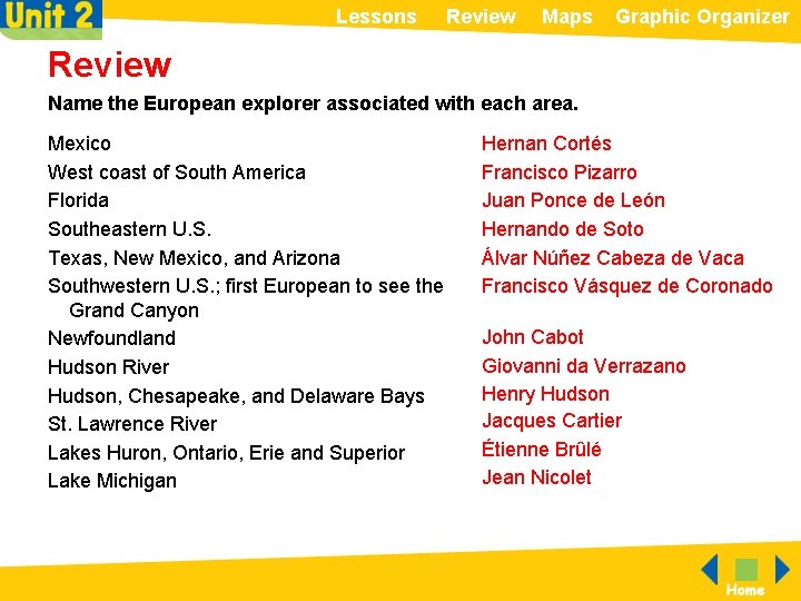 Lessons Review Maps Graphic Organizer Review Name the European explorer associated with each area.