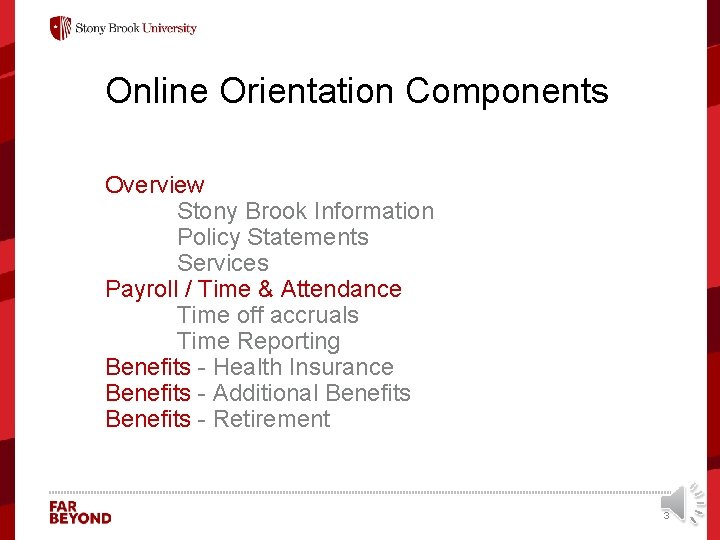 Online Orientation Components Overview Stony Brook Information Policy Statements Services Payroll / Time &