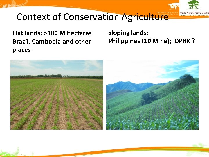 Context of Conservation Agriculture Flat lands: >100 M hectares Brazil, Cambodia and other places