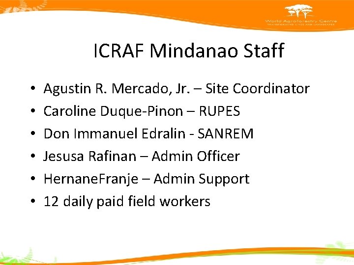 ICRAF Mindanao Staff • • • Agustin R. Mercado, Jr. – Site Coordinator Caroline