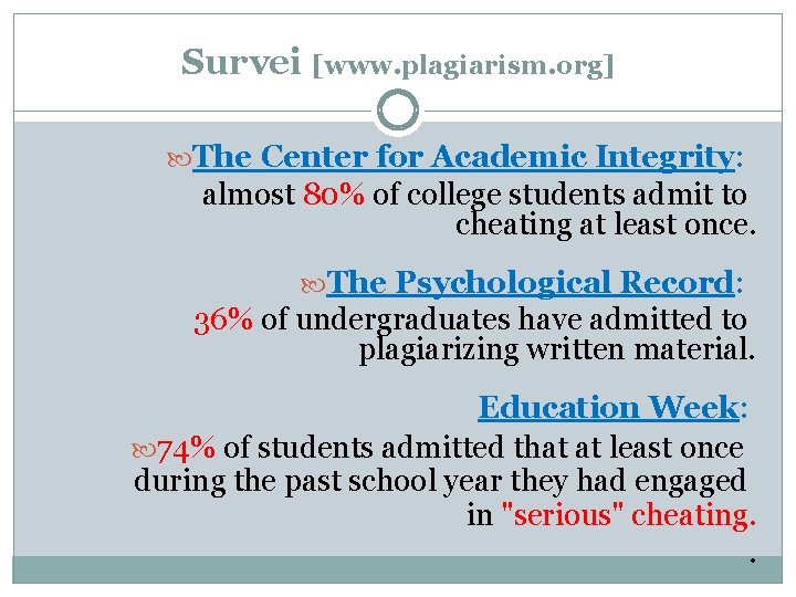 Survei [www. plagiarism. org] The Center for Academic Integrity: almost 80% of college students