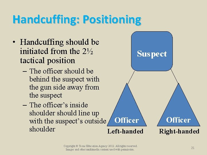 Handcuffing: Positioning • Handcuffing should be initiated from the 2½ tactical position Suspect – Handcuffing: Positioning • Handcuffing should be initiated from the 2½ tactical position Suspect –