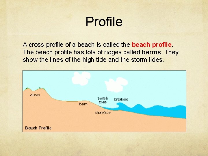 Profile A cross-profile of a beach is called the beach profile. The beach profile