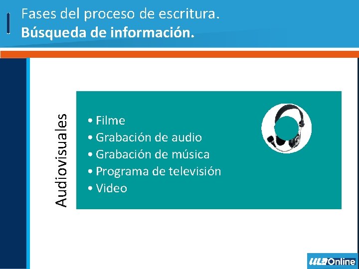 Audiovisuales Fases del proceso de escritura. Búsqueda de información. • Filme • Grabación de