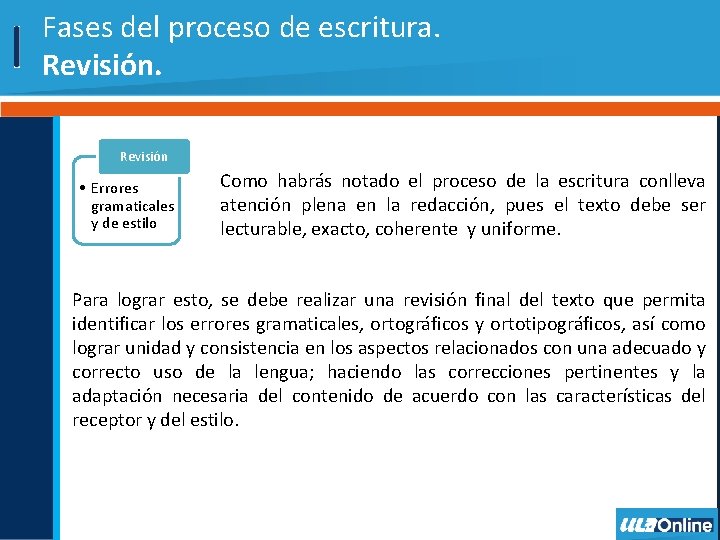 Fases del proceso de escritura. Revisión • Errores gramaticales y de estilo Como habrás