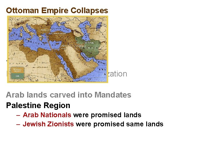 Ottoman Empire Collapses Turkey became a Republic Modernization and Westernization Arab lands carved into