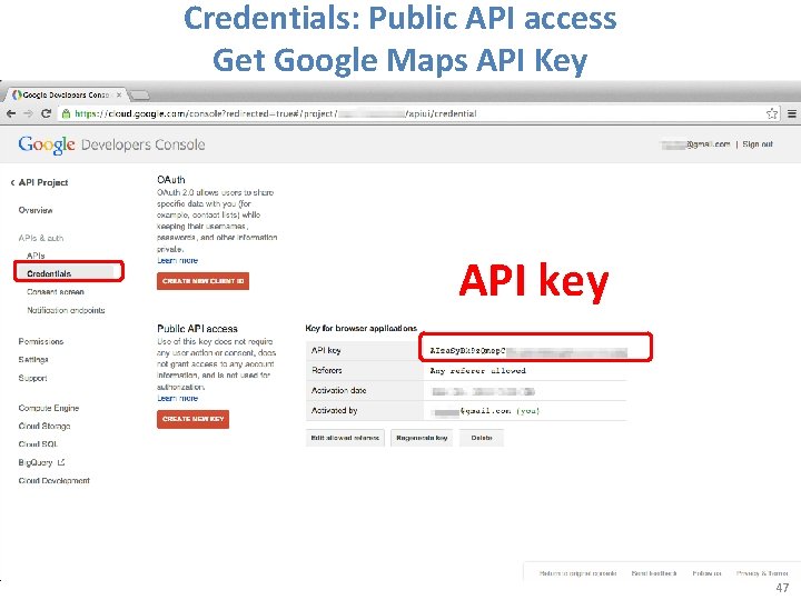 Credentials: Public API access Get Google Maps API Key API key 47 Credentials: Public API access Get Google Maps API Key API key 47